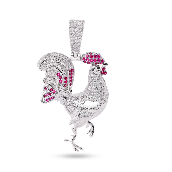 Silver 925 Rhodium Plated Rooster Red and Clear CZ Pendant - SLP00389