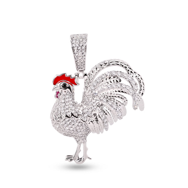 Rhodium Plated 925 Sterling Silver Rooster Clear CZ Red Enamel