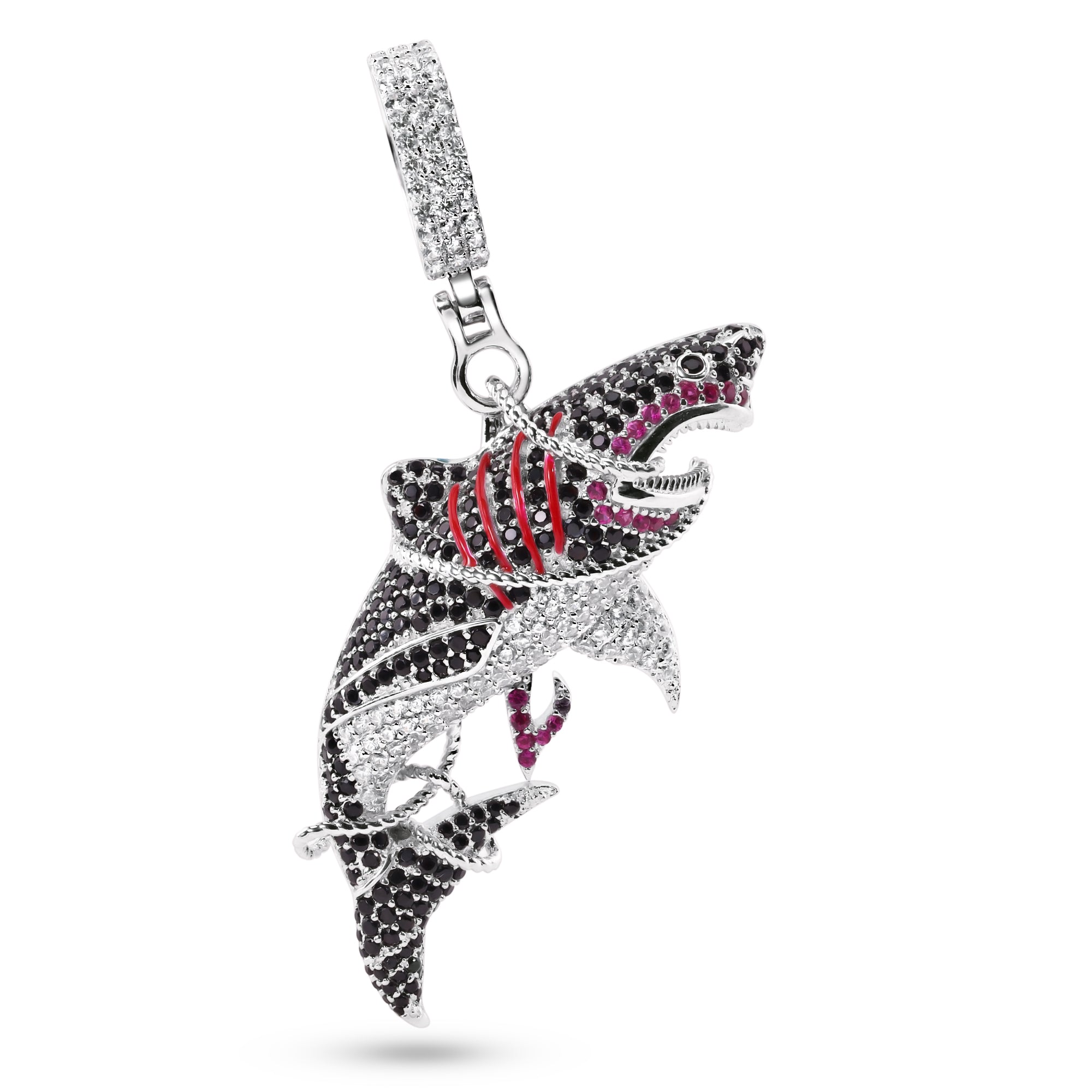 Colgante de tiburón enredado en plata de ley 925 rodiada con circonitas negras, rojas y transparentes - SLP00405