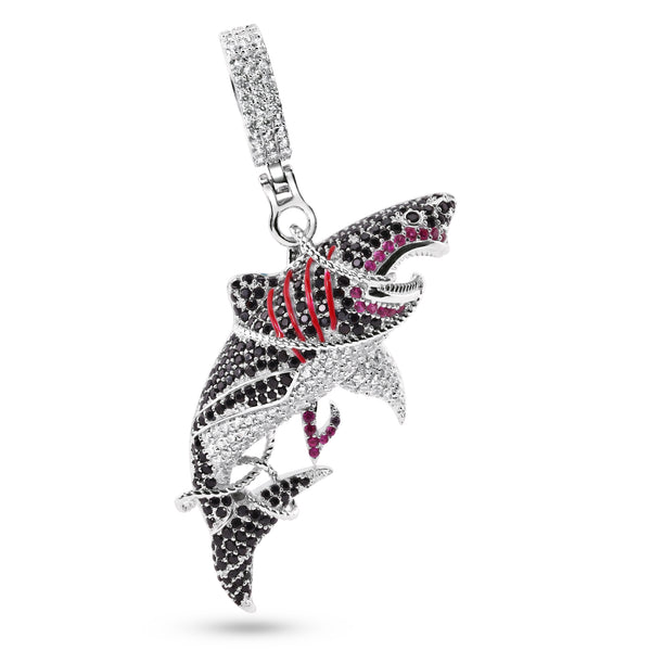 Silver 925 Rhodium Plated Tangled Shark Black Red and Clear CZ Pendant - SLP00405