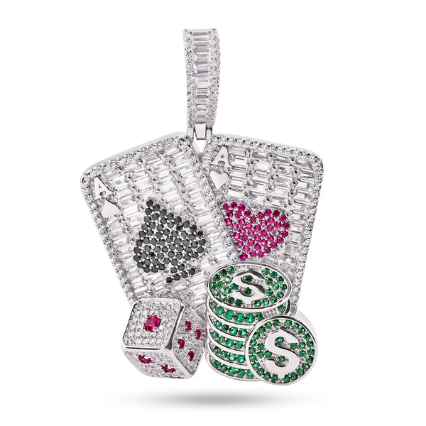Silver 925 Rhodium Plated Cards Dice and Chips Clear Baguette Green Red and Black CZ Pendant - SLP00409