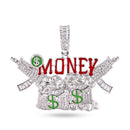 Colgante de plata de ley 925 rodiada con forma de bolsa de dinero y pistolas, con circonitas transparentes en esmalte rojo y verde - SLP00416