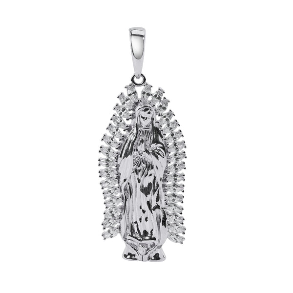 Silver 925 Rhodium Plated Our Lady Of Guadalupe Baguette Clear CZ Pendant - SLP00417