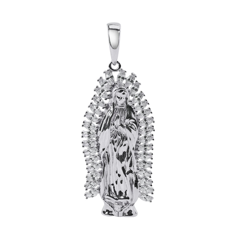 Colgante de plata 925 bañado en rodio con circonita cúbica transparente de Baguette de Nuestra Señora de Guadalupe - SLP00417