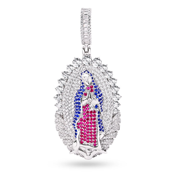 Silver 925 Rhodium Plated Our Lady of Guadalupe Clear Red and Blue CZ Pendant - SLP00421