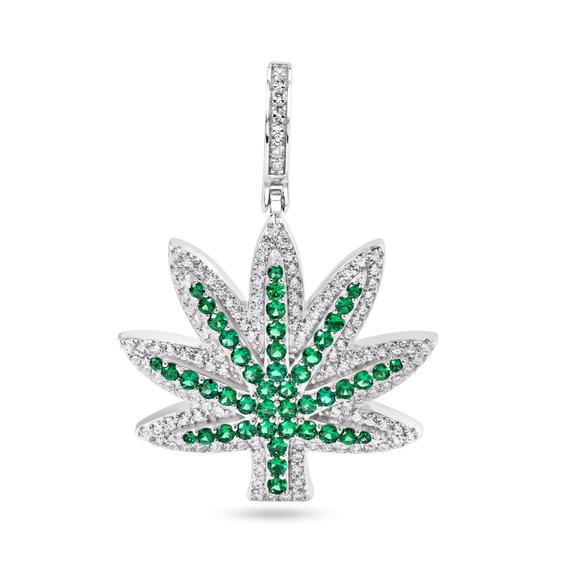 Colgante de plata 925 chapado en rodio de marihuana, cannabis, verde y circonita transparente - SLP00420