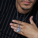 Colgante de plata de ley 925 rodiada con forma de bolsa de dinero, tiburón, codicia, circonitas azules y transparentes - SLP00423