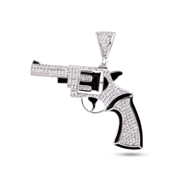 Silver 925 Rhodium Plated Spinning Revolver Gun Clear CZ Black Enamel Pendant - SLP00424