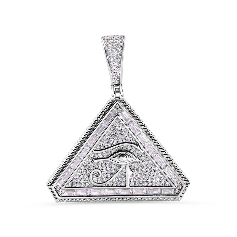 Rhodium Plated 925 Sterling Silver Eye of Horus Triangle Clear Baguette and Round CZ Pendant - SLP00437