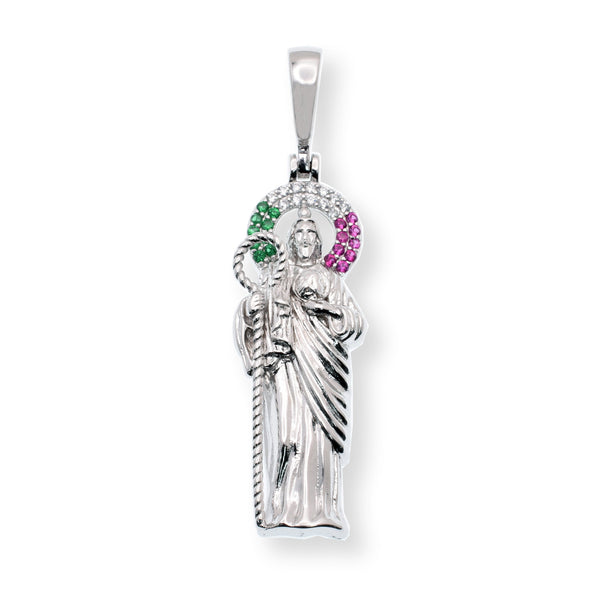 Rhodium Plated 925 Sterling Silver Saint Jude Clear Green Red CZ 13.6mm x 36.5mm Pendant - SLP00444