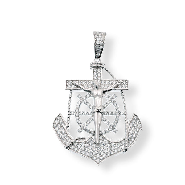 Rhodium Plated 925 Sterling Silver Jesus Cross Anchor Clear CZ 29.6mm x 35.1mm Pendant - SLP00451