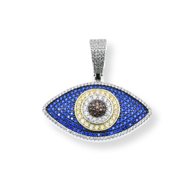 Rhodium and Gold Plated 925 Sterling Silver Evil Eye Clear Blue Brown CZ 35.3mm x 19.8mm Pendant - SLP00453