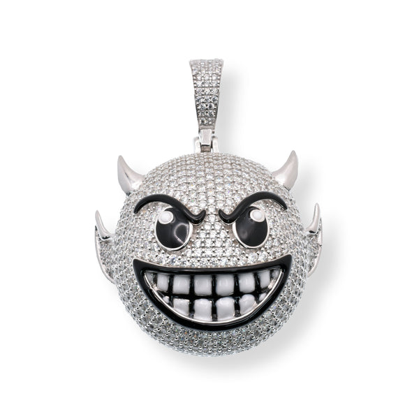 Rhodium Plated 925 Sterling Silver Devil Emoji Black Enamel Clear CZ 33.1mm x 29.8mm Pendant - SLP00455