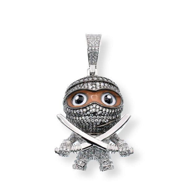 Rhodium Plated 925 Sterling Silver Double Sword Ninja Brown Enamel