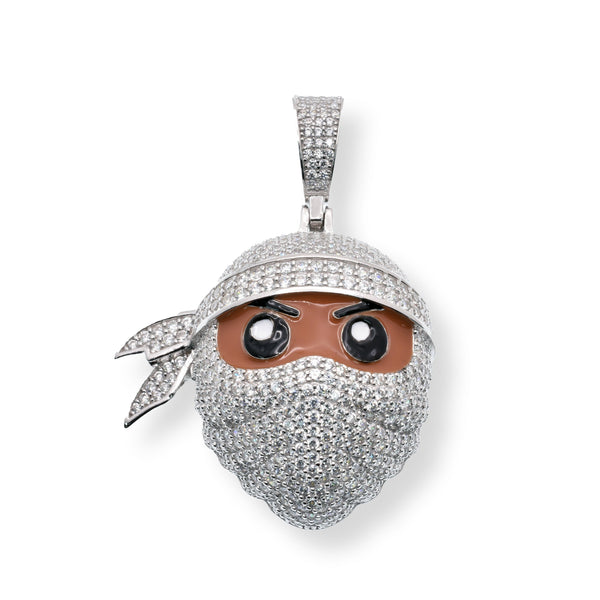 Rhodium Plated 925 Sterling Silver Masked Ninja Brown Enamel Clear CZ 32.3mm x 29.8mm Pendant - SLP00383