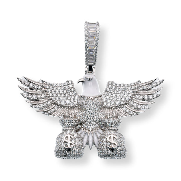 Rhodium Plated 925 Sterling Silver American Eagle Money Bag White Enamel CZ 50.2mm x 28.9mm Pendant - SLP00012