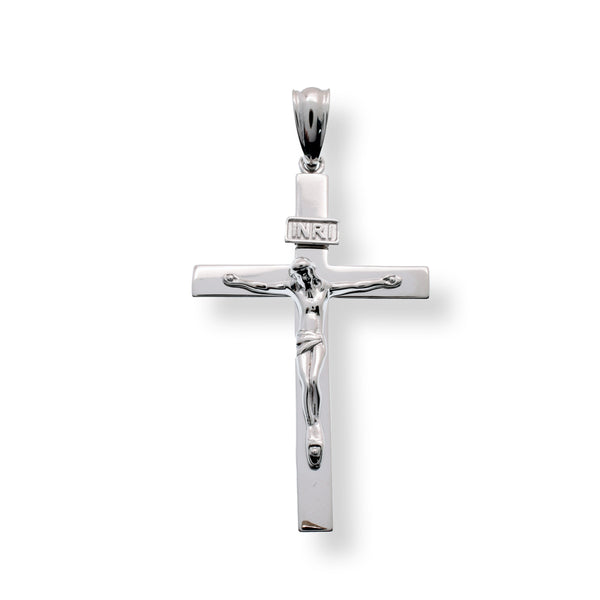 Rhodium Plated 925 Sterling Silver Diamond Cut Jesus Cross 24.6mm x 37.8mm Pendant - SLP00016