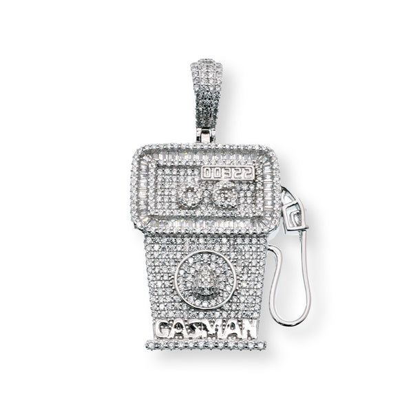 Rhodium Plated 925 Sterling Silver Gas Pump Baguette and Round Clear CZ 26.8mm x 31.5mm Pendant - SLP00297