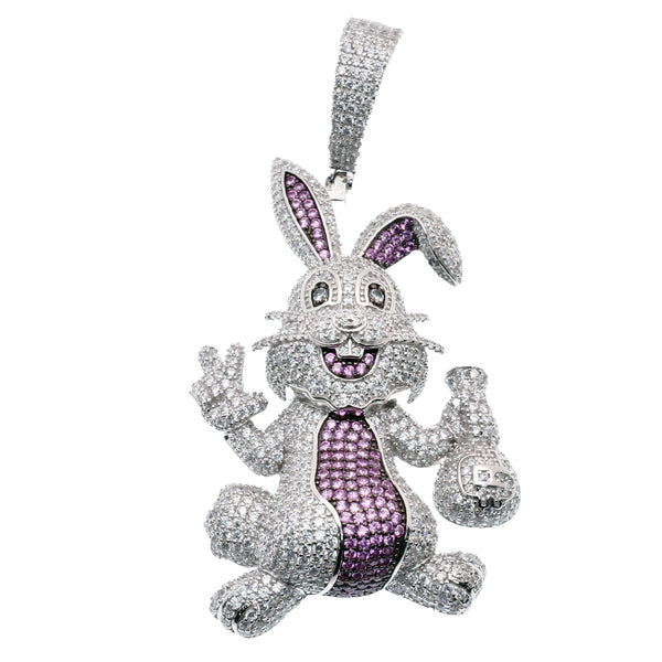 Rhodium Plated 925 Sterling Silver Rabbit Money Bag Clear Purple CZ 36.6mm x 59.5mm Pendant - SLP00350