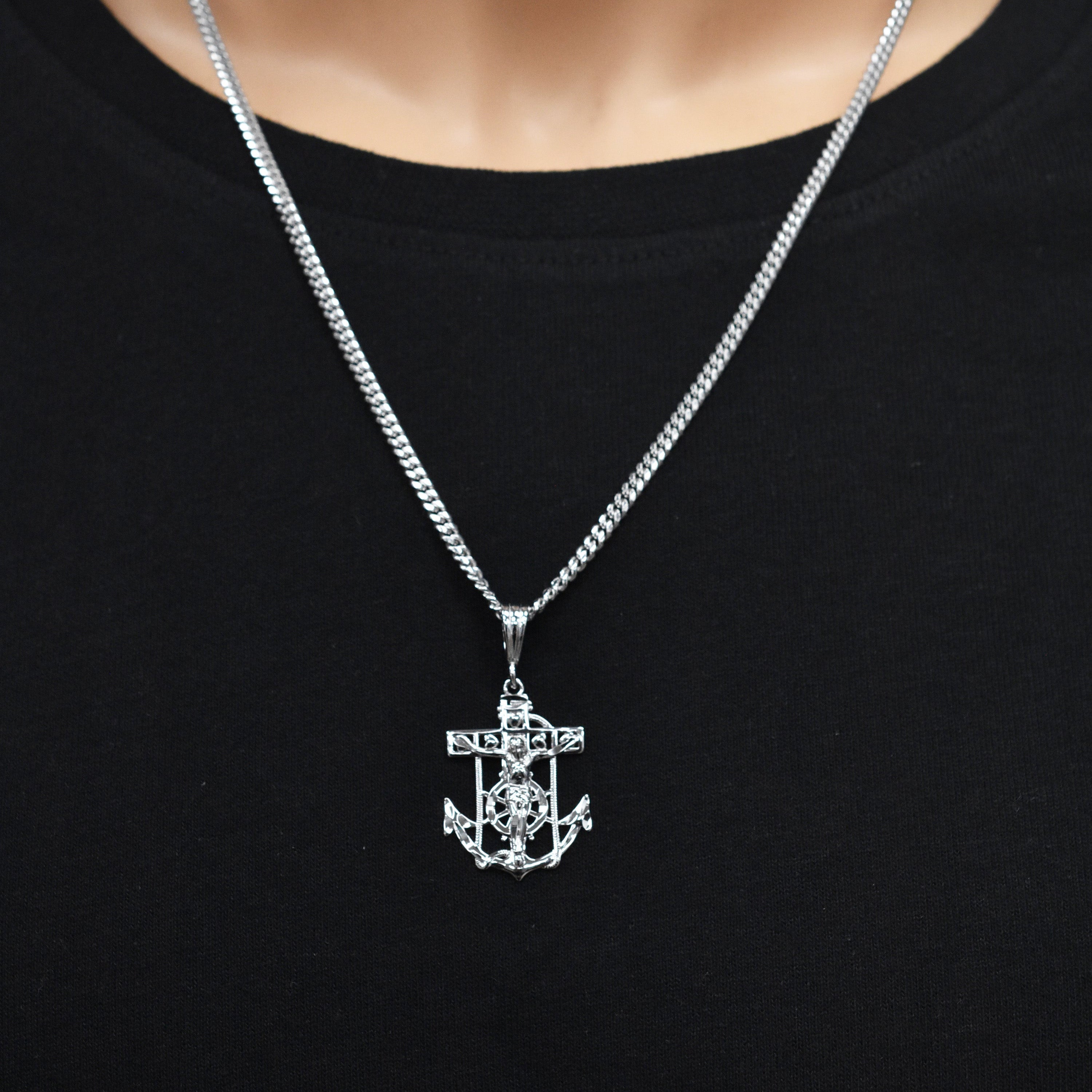 Rhodium Plated 925 Sterling Silver Anchor Crucifix Nautical 20mm x 28mm Pendant - SLP00474