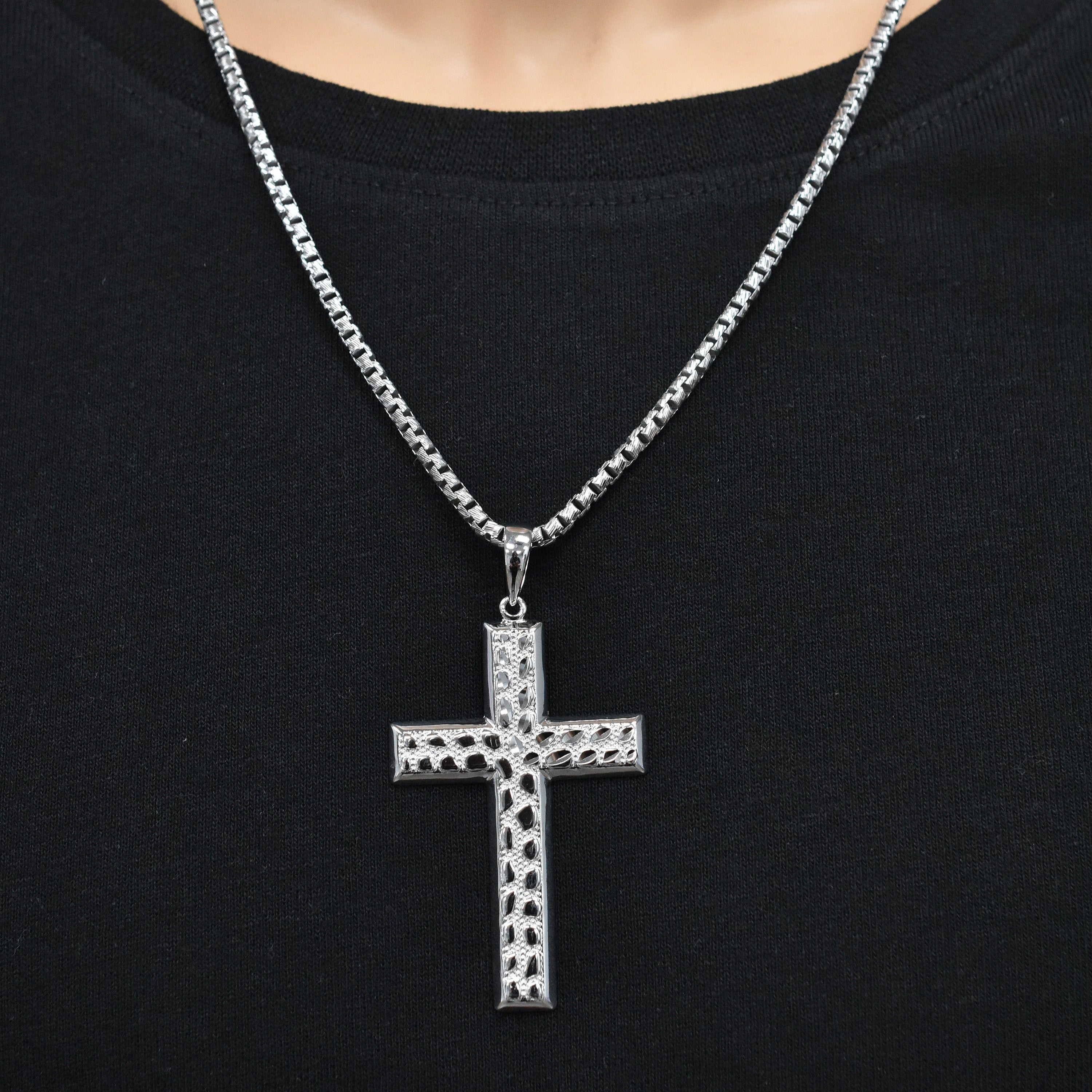 Rhodium Plated 925 Sterling Silver Nugget Cross 35.5mm x 53mm