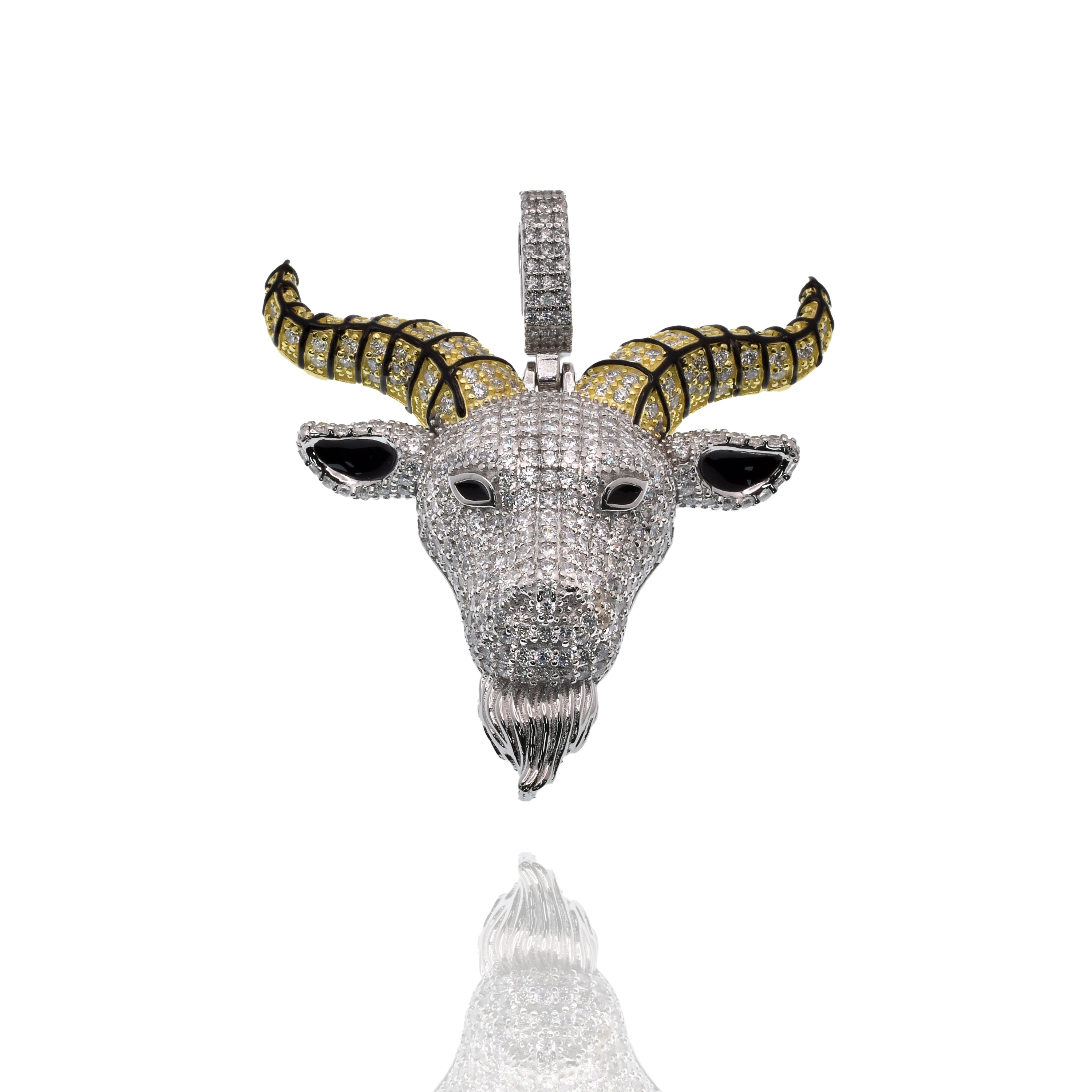 Rhodium Plated 925 Sterling Silver The Devil Goat Baphomet Black Enamel Clear CZ 39mm x 41mm Pendant - SLP00483