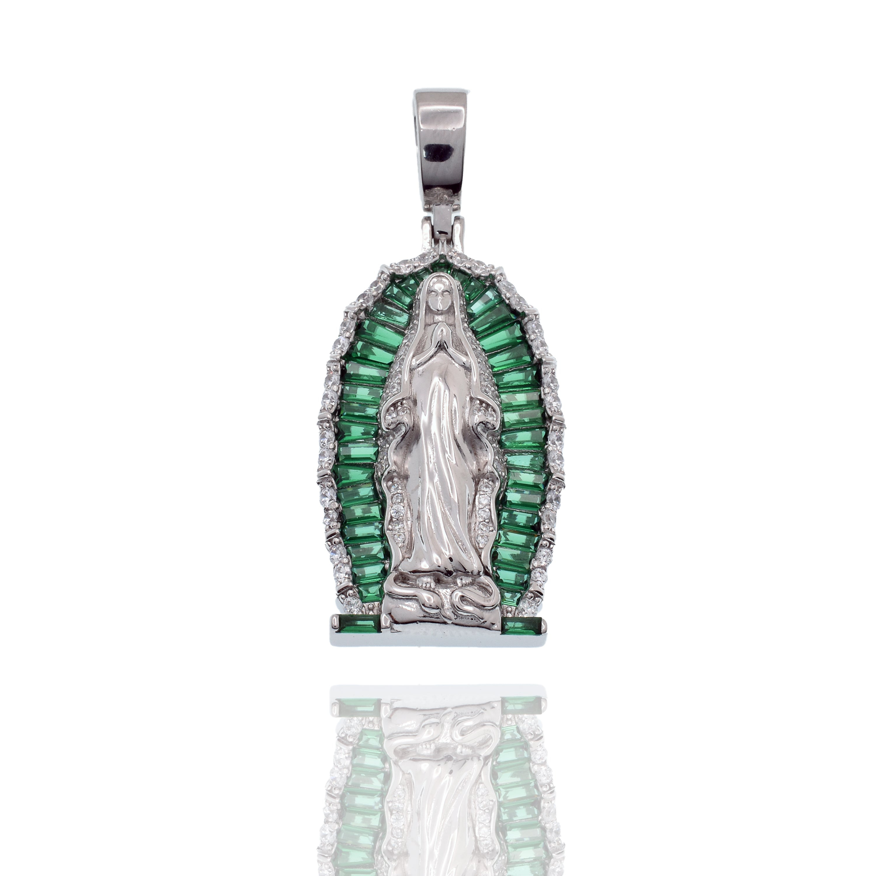 Rhodium Plated 925 Sterling Silver Our Lady of Guadalupe Green Baguette and Round Clear CZ 21mm x 35mm Pendant - SLP00485