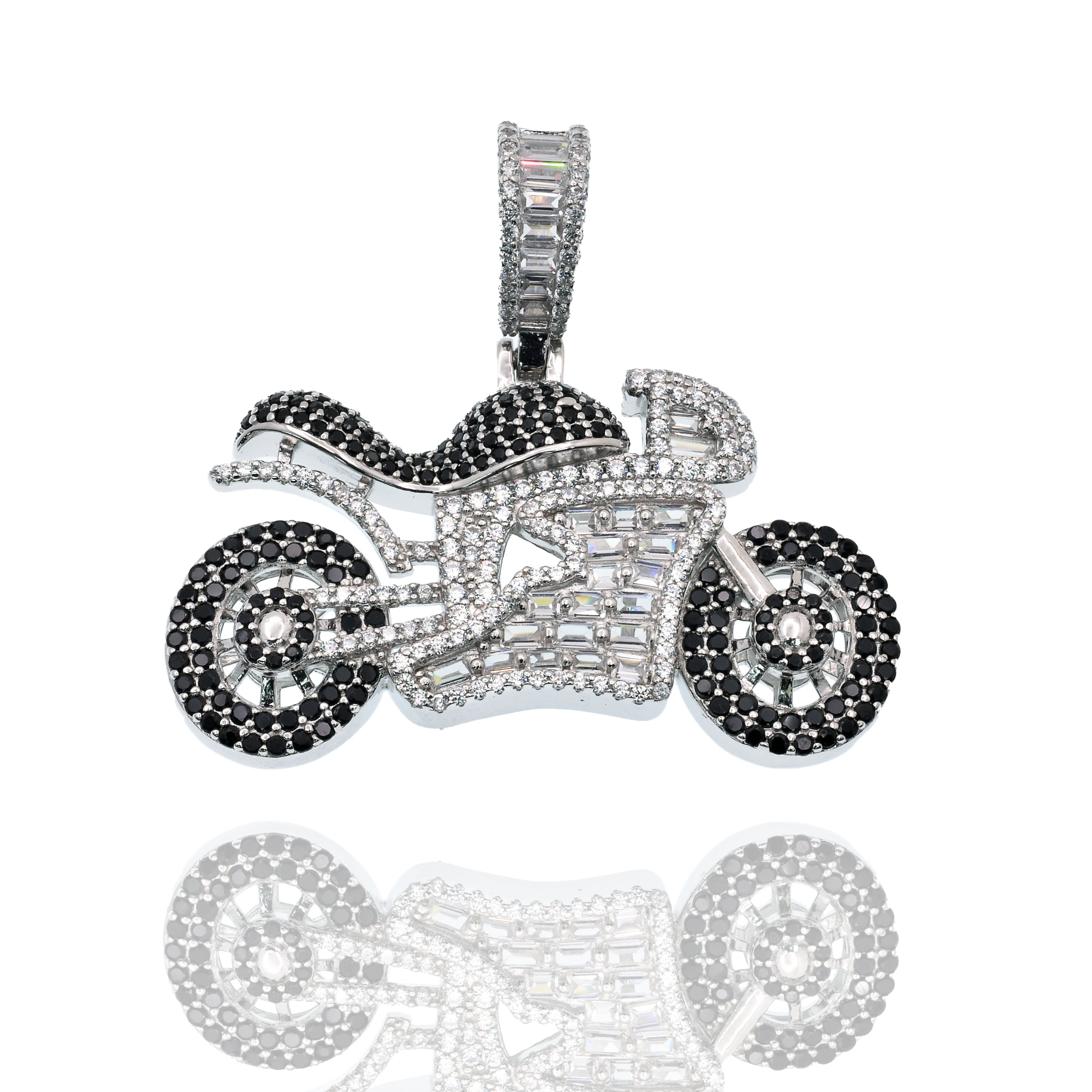 Rhodium Plated 925 Sterling Silver Motocycle Black Round and Clear Baguette CZ Studded 40mm x 22mm Pendant - SLP00487