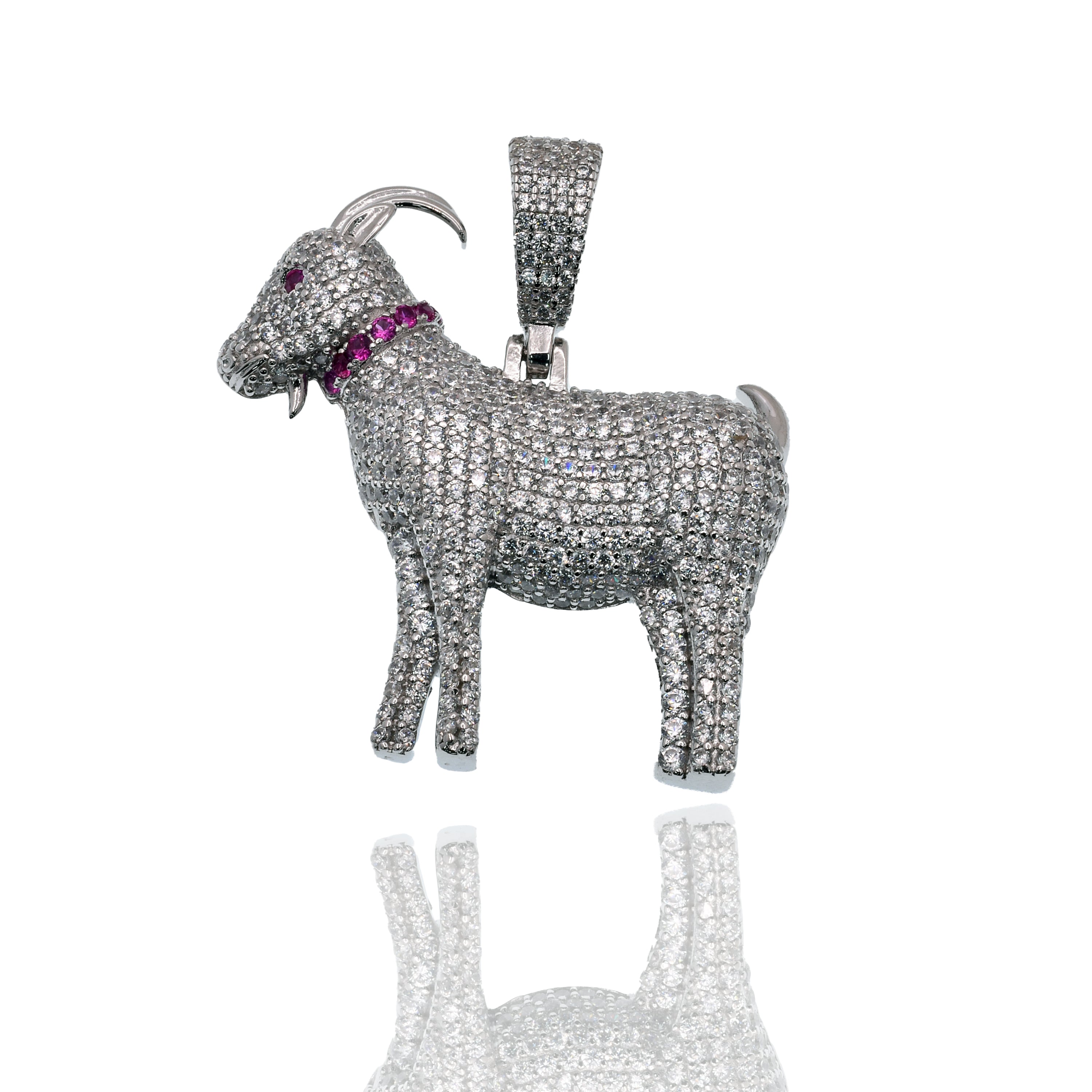 Rhodium Plated 925 Sterling Silver Goat Red and Clear CZ 33.6mm x 34mm Pendant - SLP00488