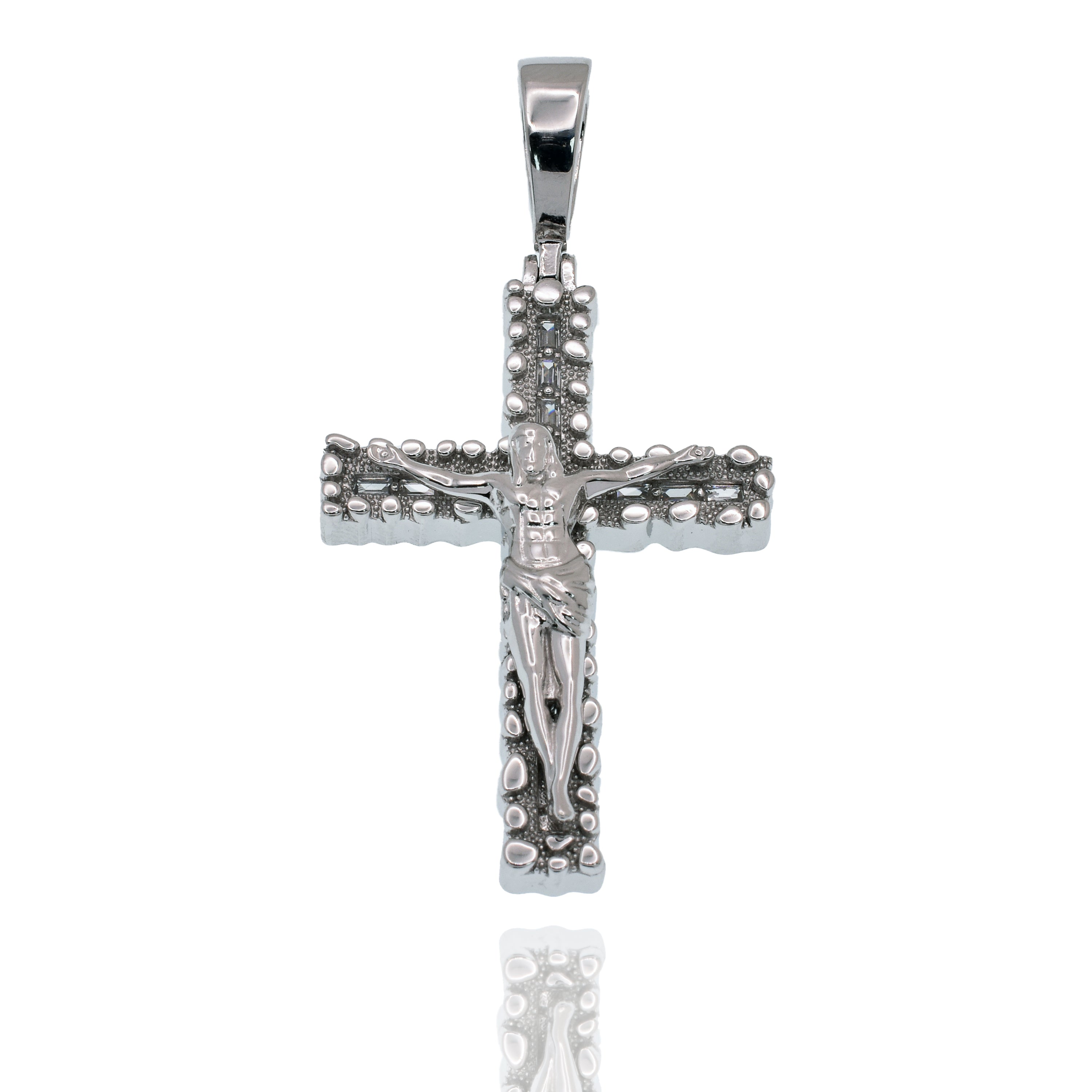 Rhodium Plated 925 Sterling Silver Nugget Crucifix Cross Baguette Clear CZ 29mm x 41mm Pendant - SLP00489
