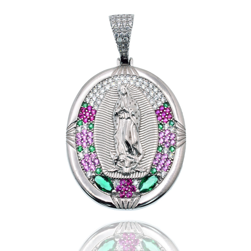 Bisel chapado en rodio de plata 925 para moneda colgante de circonita verde claro y rojo - SLP00357