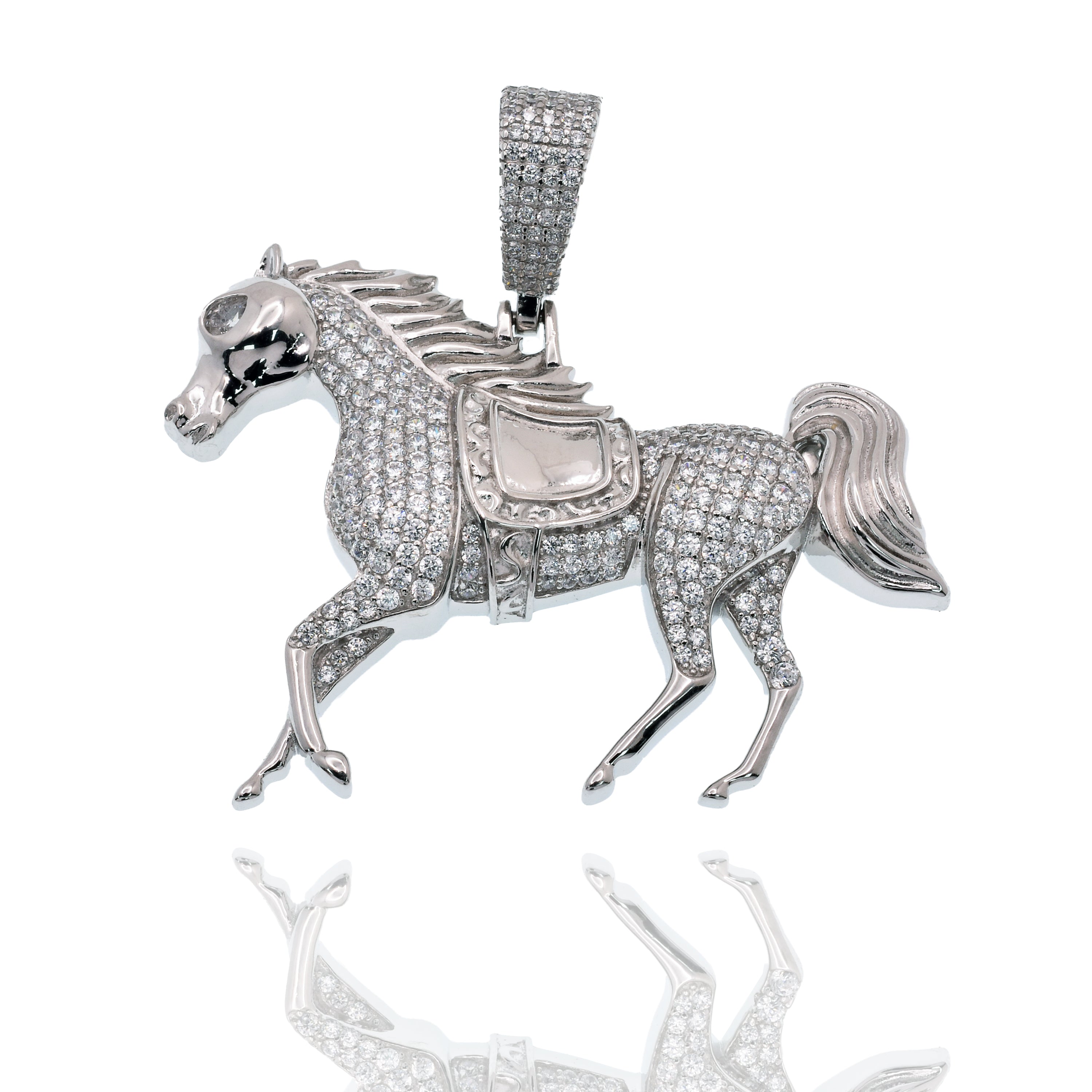 Rhodium Plated 925 Sterling Silver Iced Out Horse Clear CZ 42mm x 30mm Pendant - SLP00493