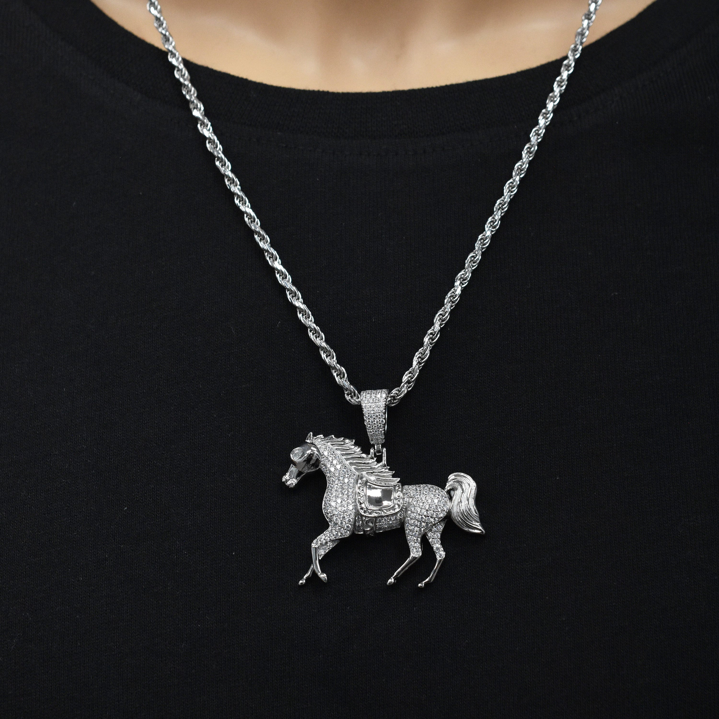 Rhodium Plated 925 Sterling Silver Iced Out Horse Clear CZ 42mm x