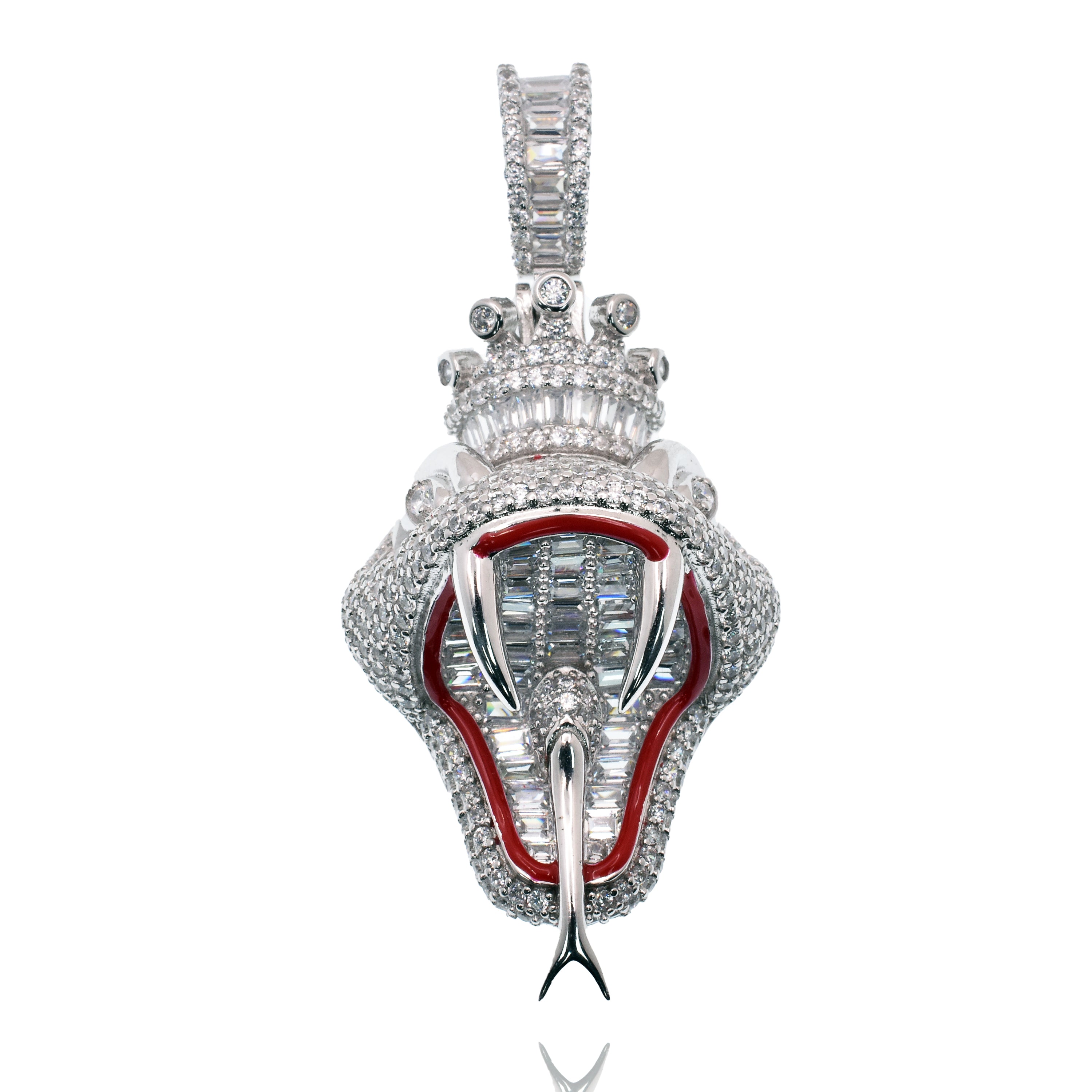 Rhodium Plated 925 Sterling Silver Iced Out King Viper Snake Red Enamel Clear CZ 23mm x 38mm Pendant - SLP00495