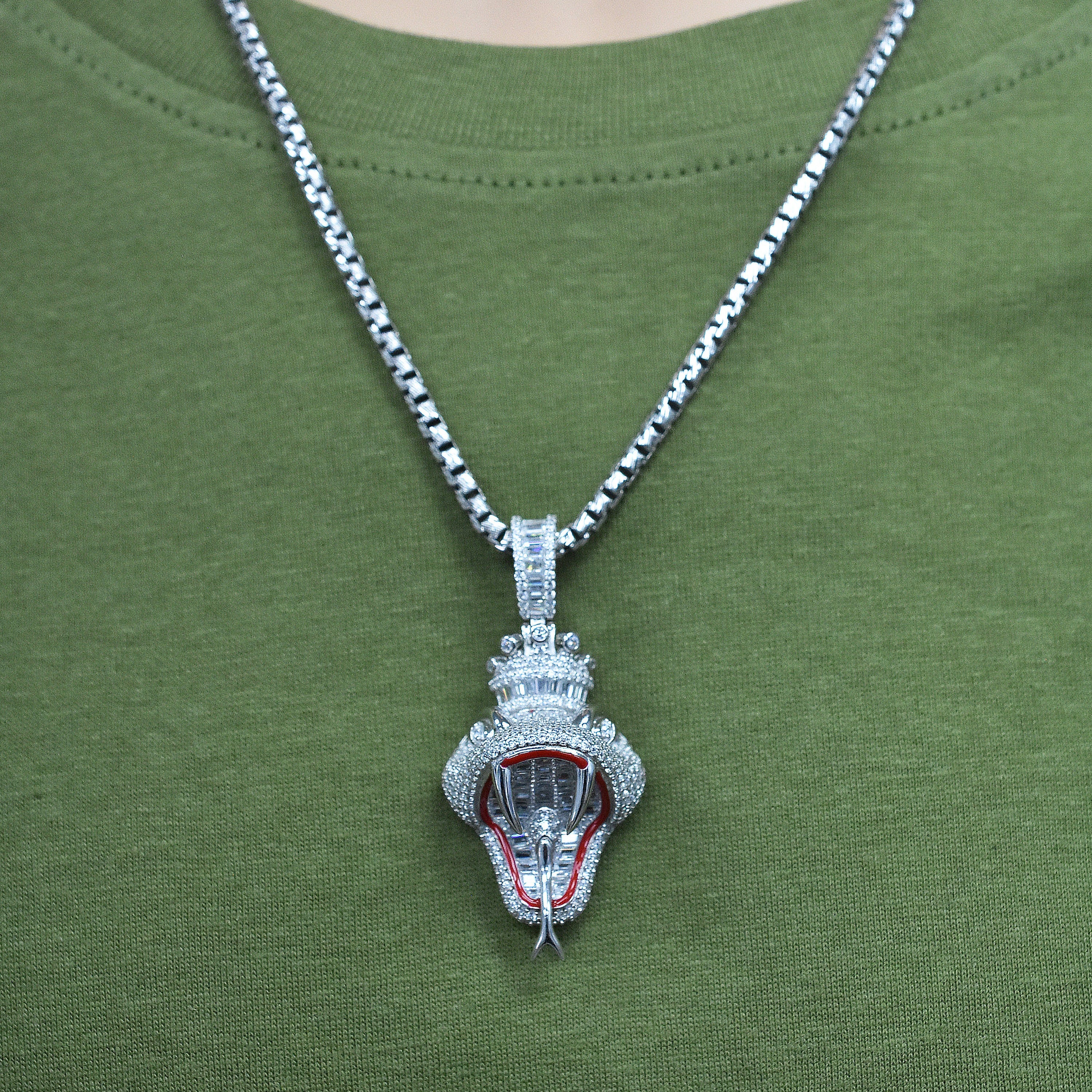 Rhodium Plated 925 Sterling Silver Iced Out King Viper Snake Red Enamel Clear CZ 23mm x 38mm Pendant - SLP00495