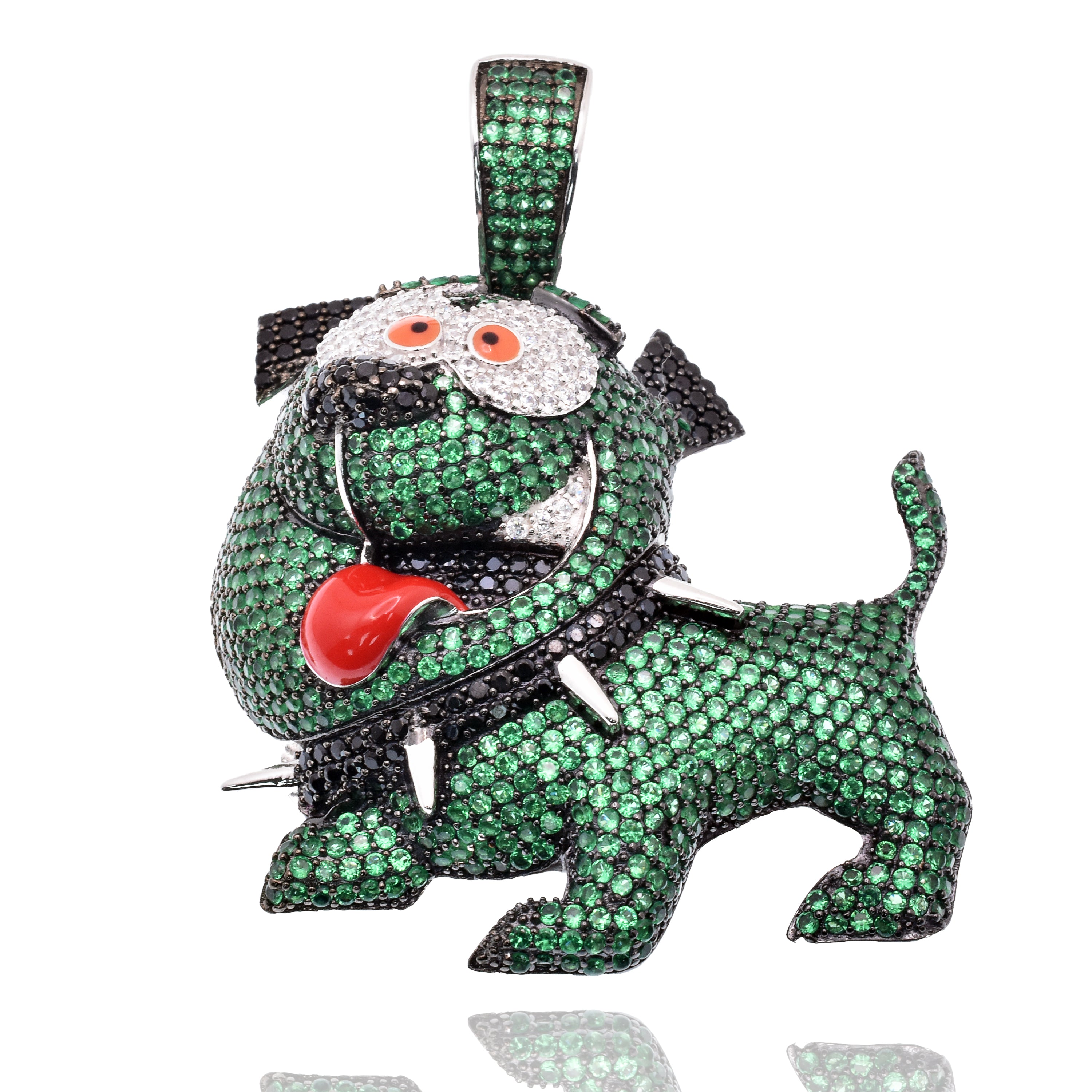Rhodium Plated 925 Sterling Silver Iced Out Dog Green Black and Clear CZ 41mm x 40mm Pendant - SLP00497