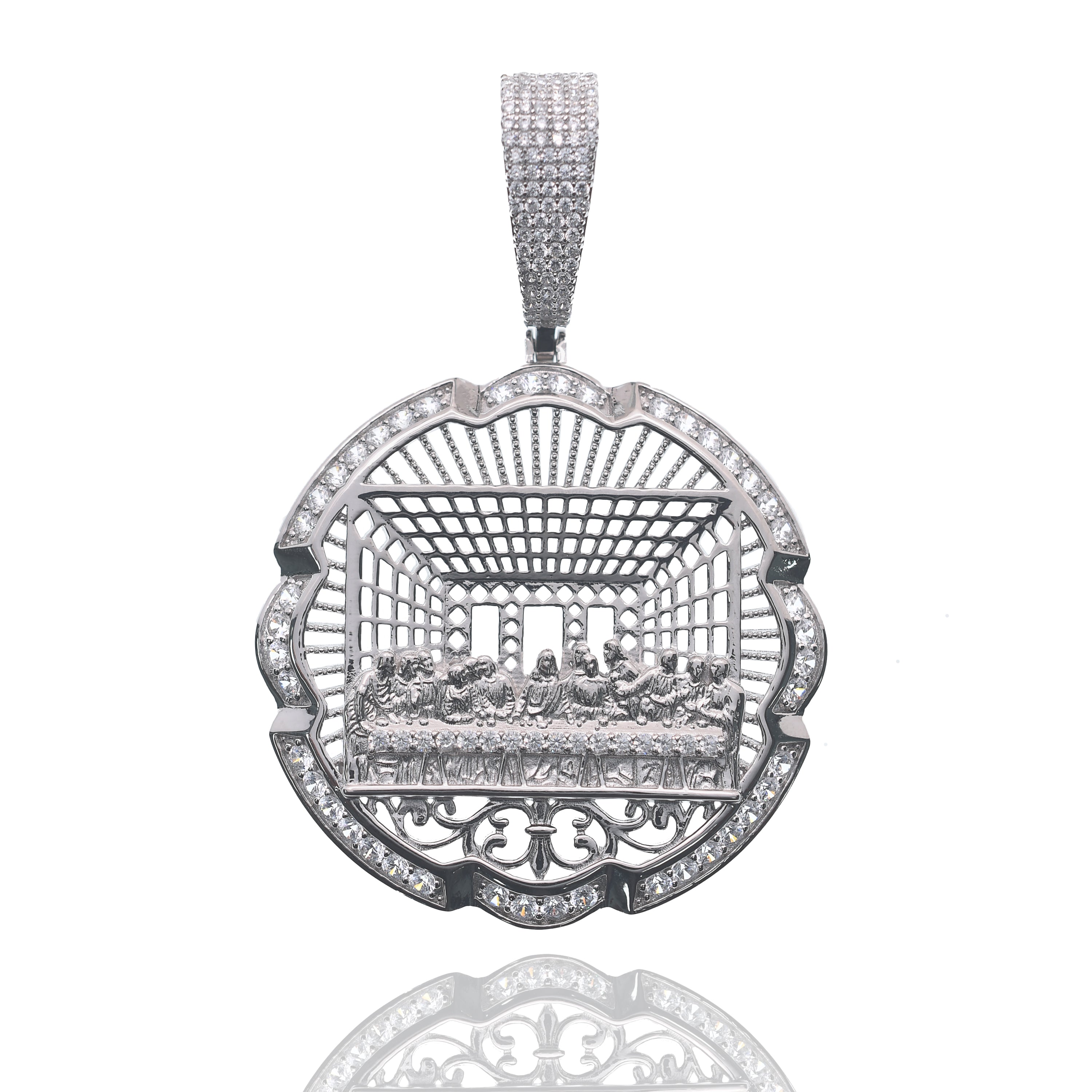Rhodium Plated 925 Sterling Silver Last Supper Clear CZ 41mm Pendant - SLP00500