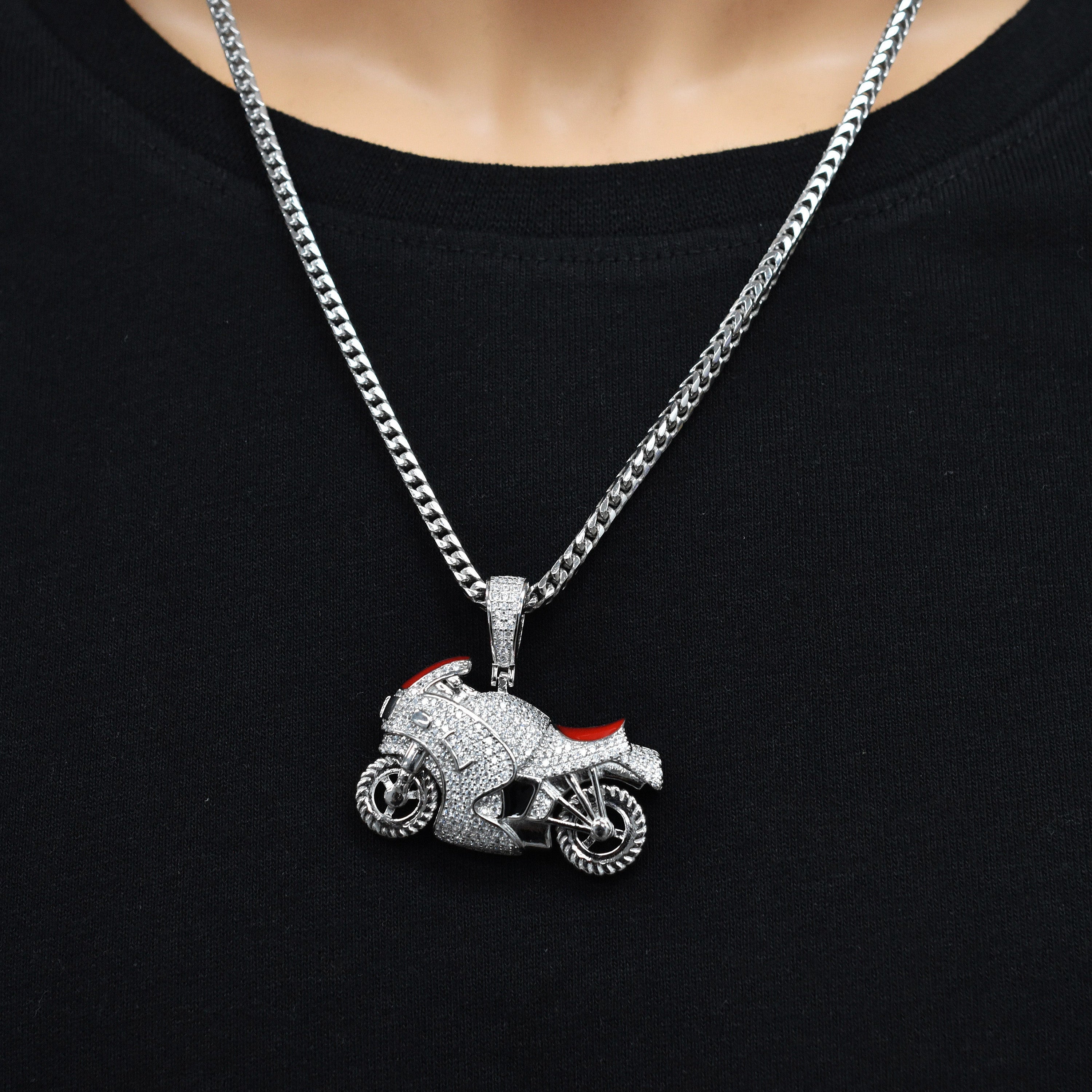 Rhodium Plated 925 Sterling Silver Motorcycle Red Enamel Iced Out