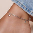 Rhodium Plated 925 Sterling Silver Paperclip Chain Stars and Moon Charm Adjustable Anklet - SOA00029