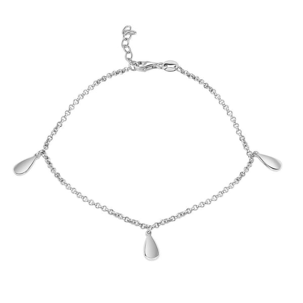 Rhodium Plated 925 Sterling Silver Rolo Teardrop Charm Adjustable Anklet - SOA00030