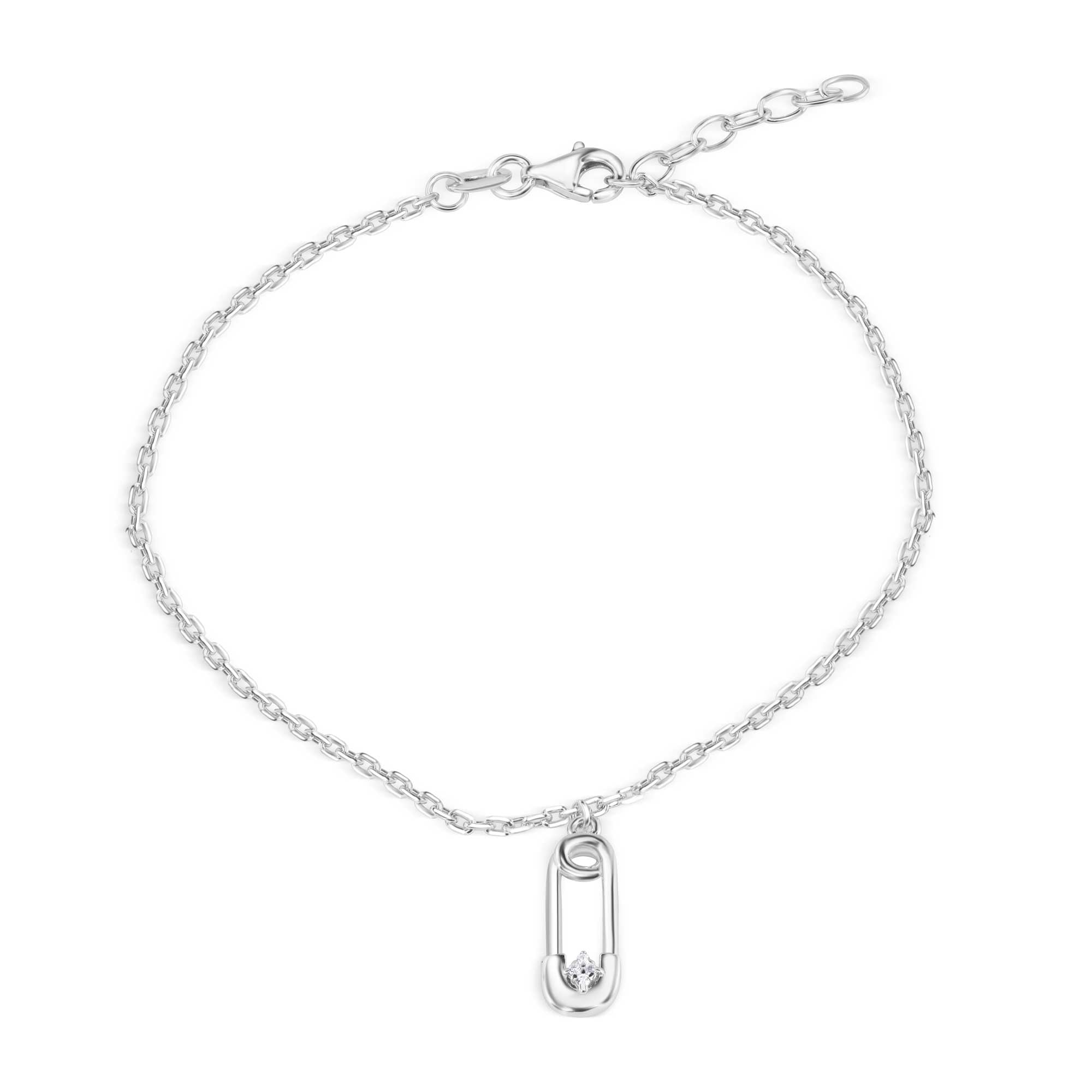 Tobillera ajustable con dije de imperdible de cable en plata de ley 925 rodiada y circonita cúbica transparente - SOA00032