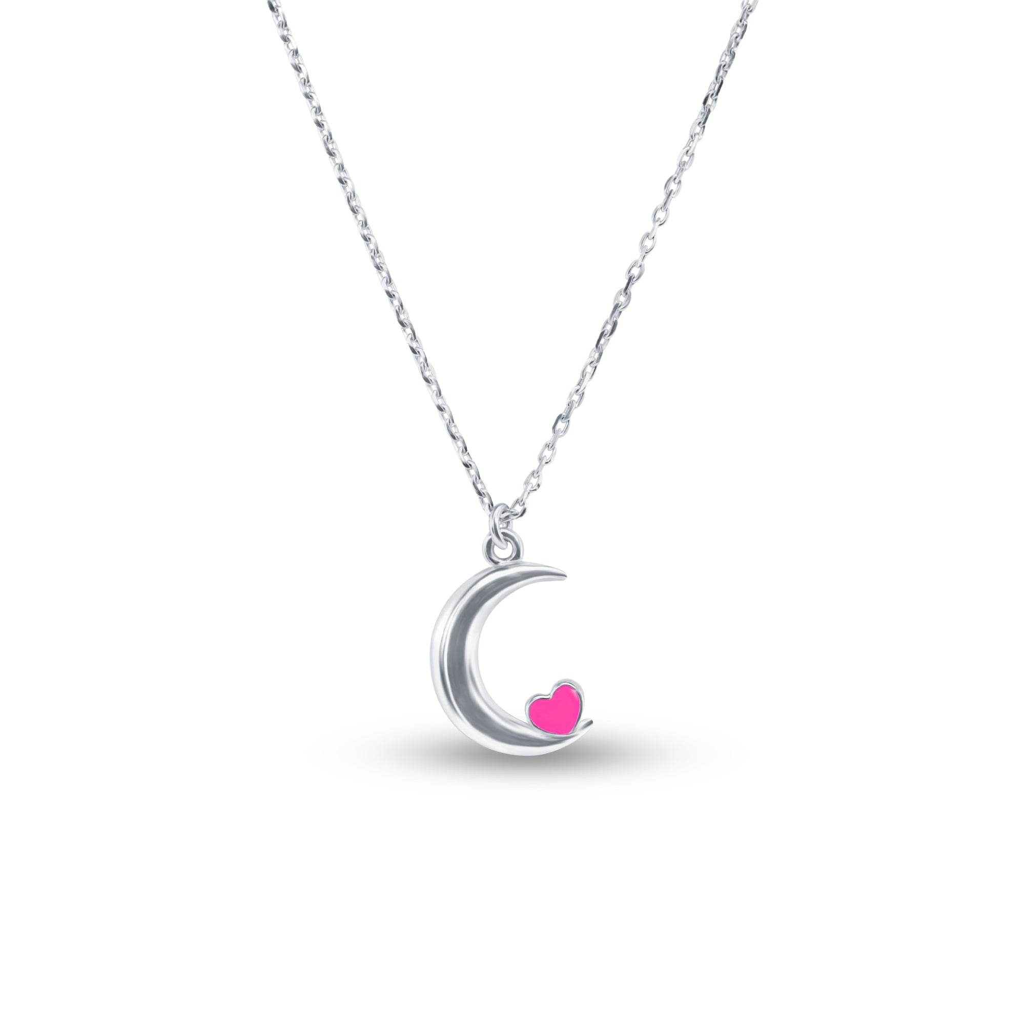 Rhodium Plated 925 Sterling Silver Moon Pink Heart Enamel Necklace