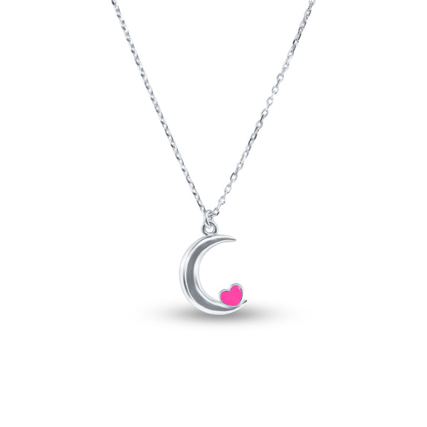 Colgante de collar de esmalte de corazón rosa luna chapado en rodio de plata 925 - SOP00180