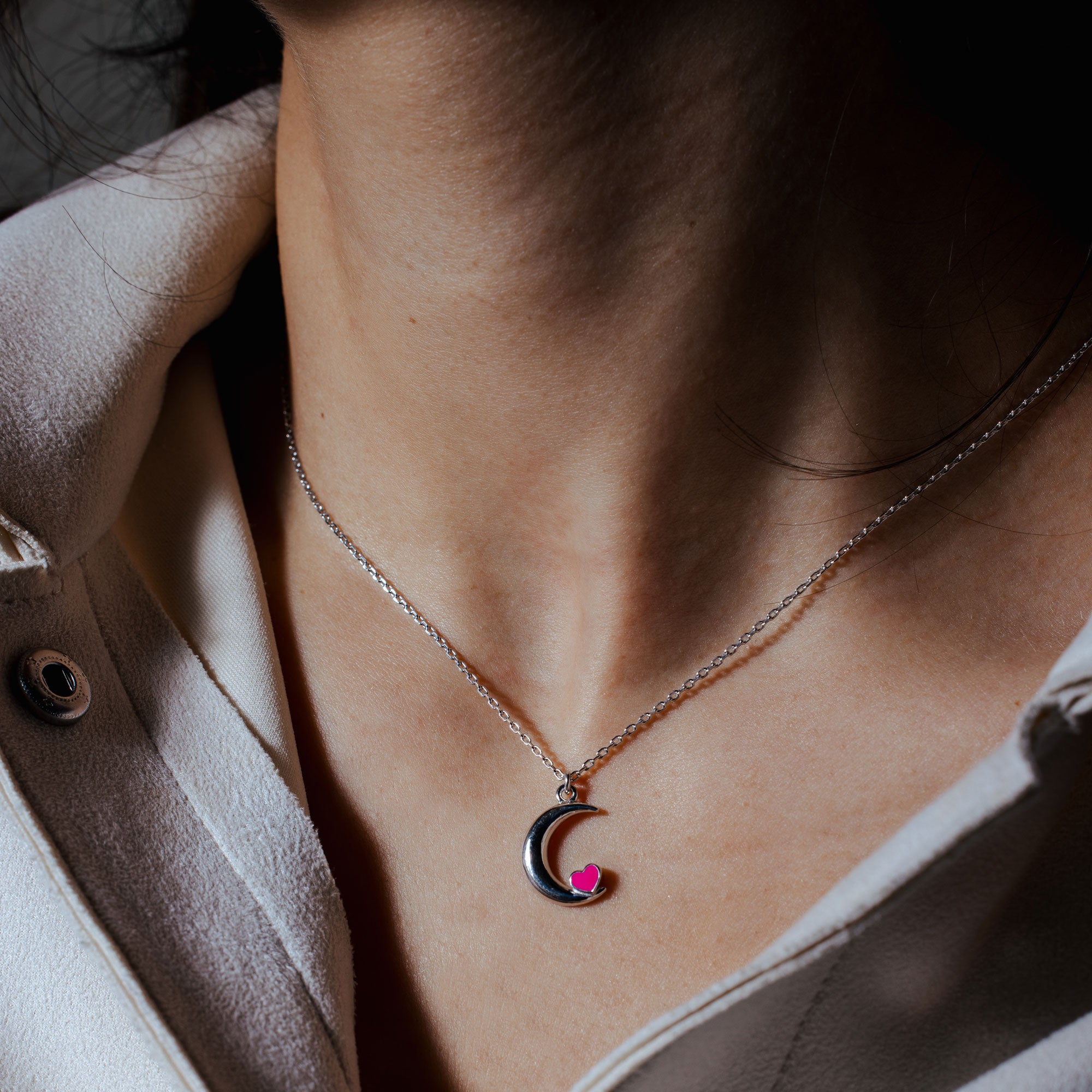 Silver 925 Rhodium Plated Moon Pink Heart Enamel Necklace Pendant Silver 925 Rhodium Plated Moon Pink Heart Enamel Necklace Pendant