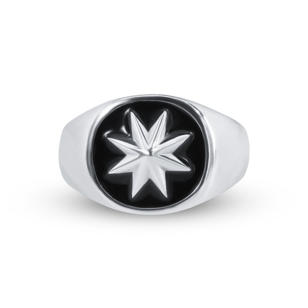 Silver 925 High Polished Octagram Star Black Enamel Ring - SOR00038