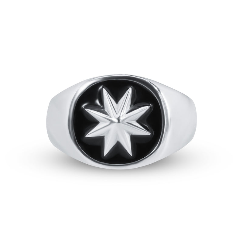 925 Sterling Silver High Polished Octagram Star Black Enamel Ring - SOR00038