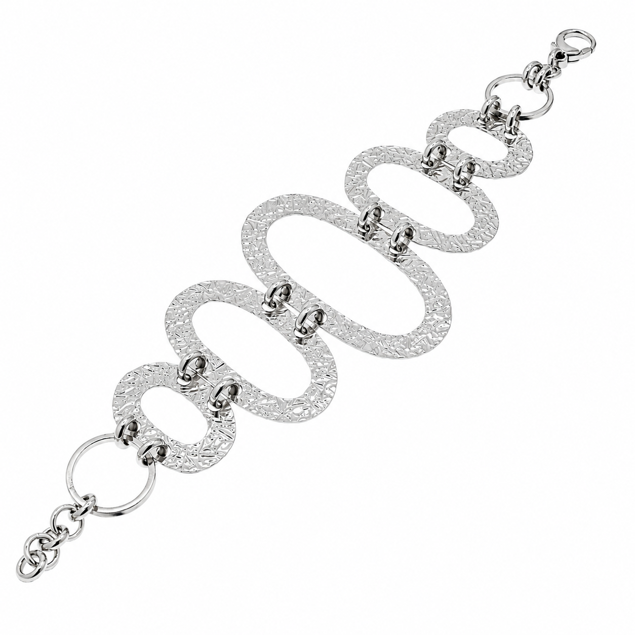Clearance - Rhodium Plated 925 Silver Chunky Hammered Oval Bracelet - SPB00036