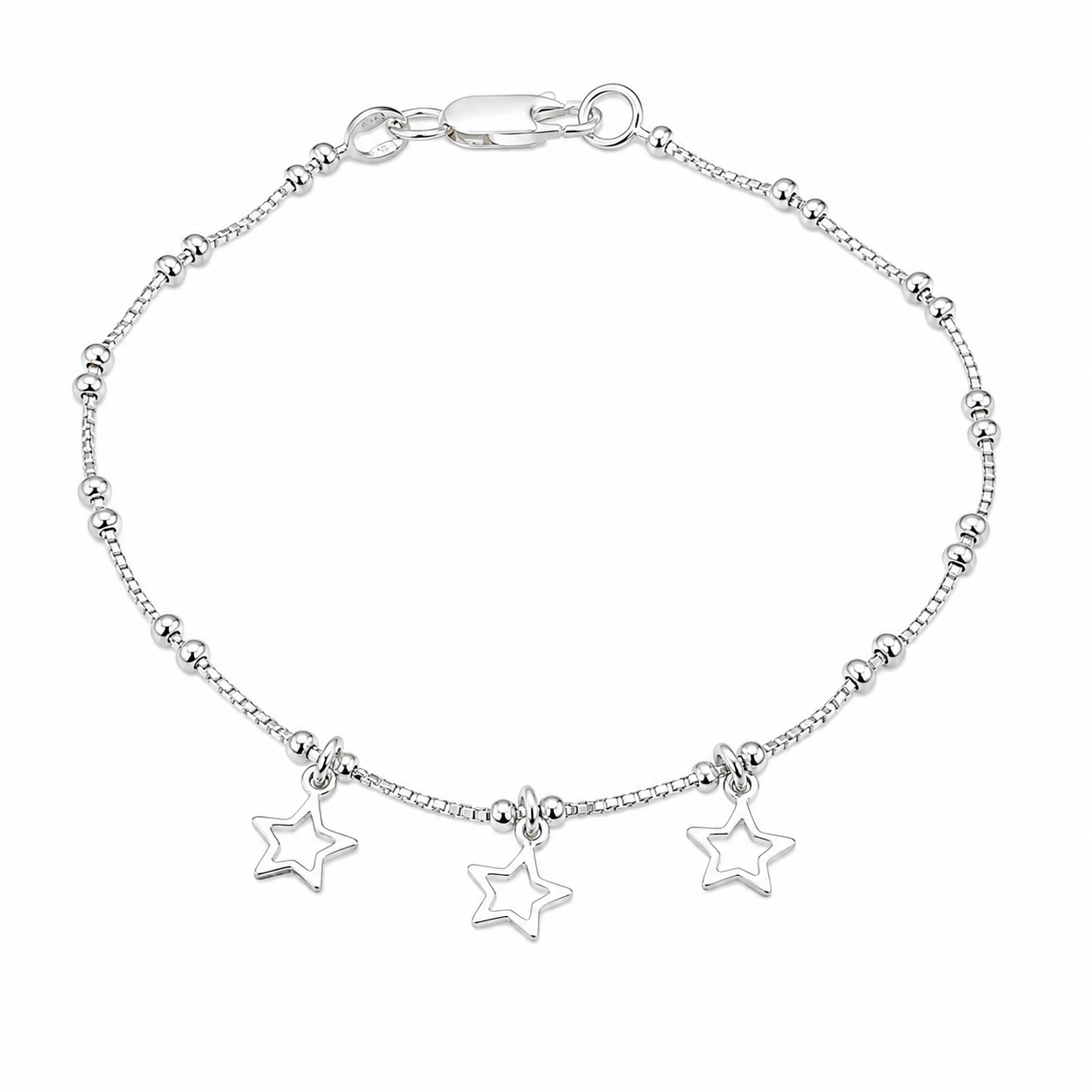 Clearance - High Polish 925 Silver Box & Bead Star Bracelet- SPB00040