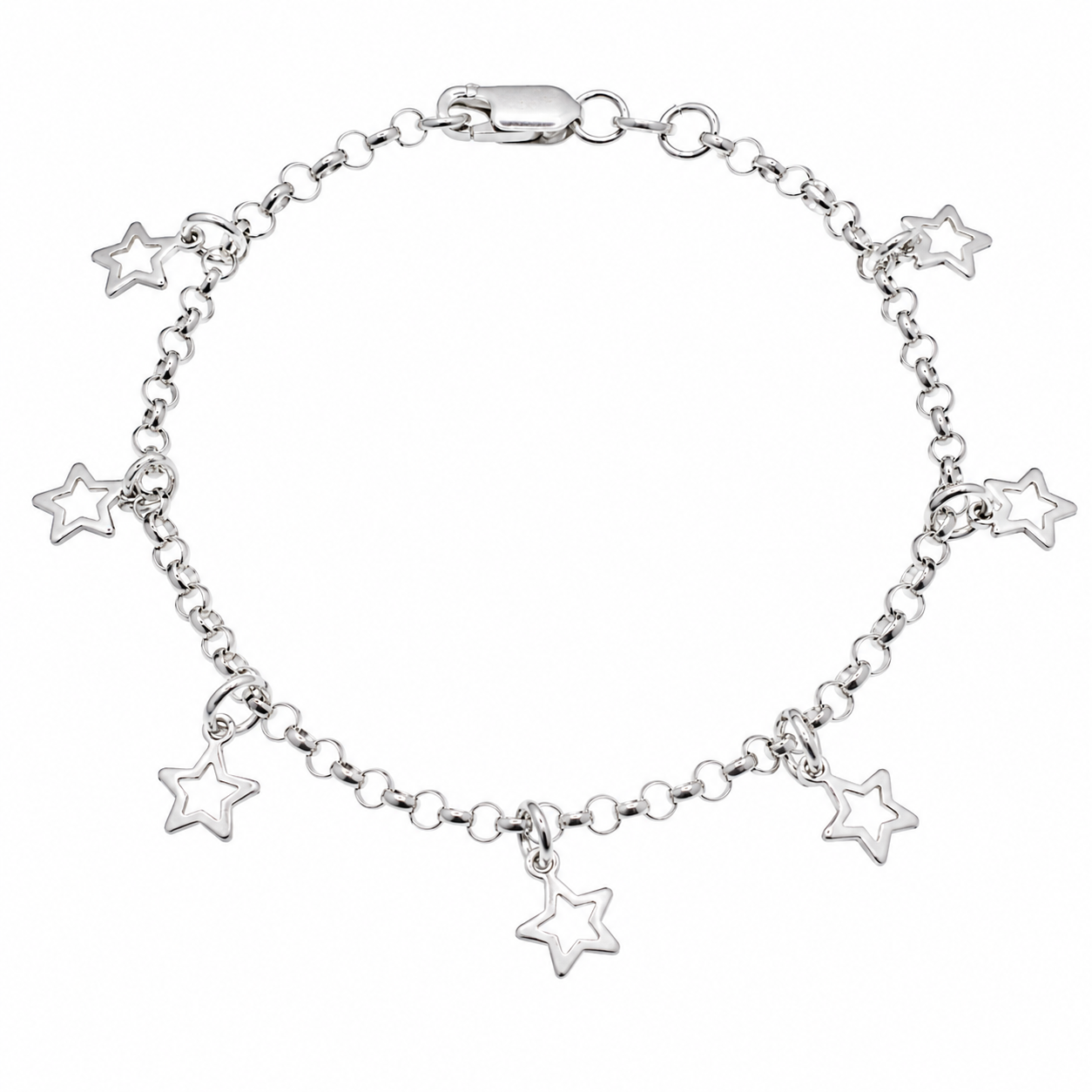 Clearance - High Polish 925 Silver Multi Cutout Star Charm Bracelet- SPB00041