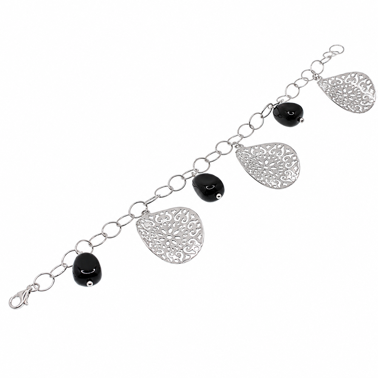 Clearance - Rhodium Plated 925 Silver Onyx & Warped Floral Disc Charm Bracelet- SPB00042